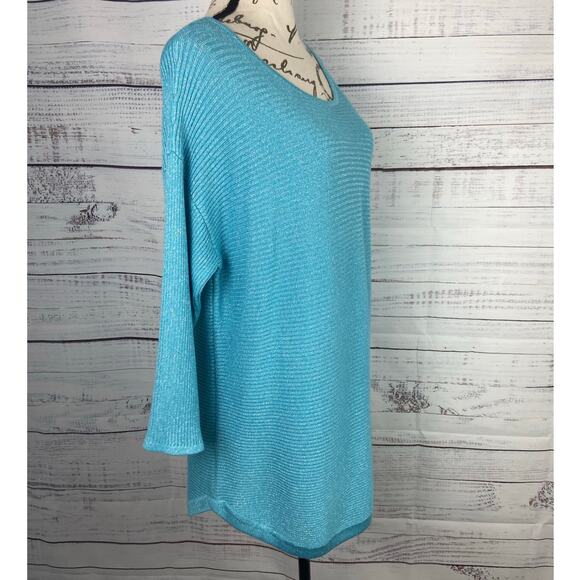 Chicos 2 Sweater Womens L Blue Metallic Shimmer Ribbed Knit 3/4 Sleeves Stretch - Picture 3 of 12